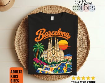 Barcelona Spain Shirt, Sagrada Familia Graphic, Mosaic Architecture Artwork, Retro Sunset Travel Souvenir, Catalonia Vacation Gift, City Art