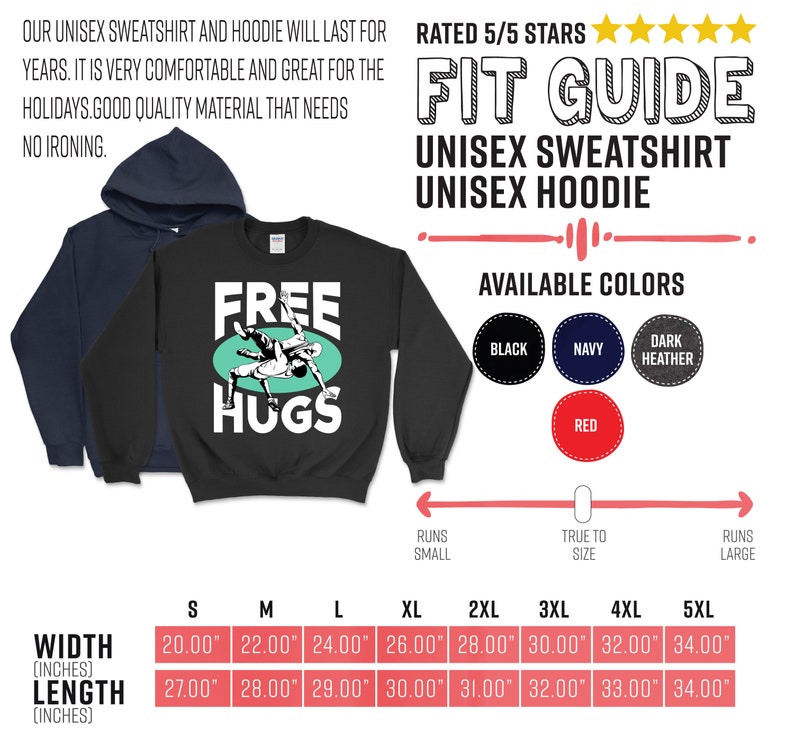 May include: Black unisex sweatshirt with the text "FREE HUGS" and a graphic of two people wrestling. The sweatshirt is available in black, navy, dark heather, and red. The size chart shows the width and length in inches for sizes S through 5XL.