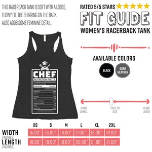 May include: Dark heather grey racerback tank top with a white graphic that reads "CHEF NUTRITION FACTS." The tank top has a loose, flowy fit and is available in black and dark heather. Width measurements range from 38.1 cm to 48.26 cm.