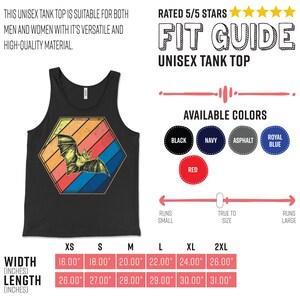 May include: Black unisex tank top featuring a bat illustration inside a retro-style hexagon. The tank top includes the text "FIT GUIDE UNISEX TANK TOP" and is available in various colors. Width measurements range from 16.00" to 26.00", and length measurements range from 26.00" to 31.00".
