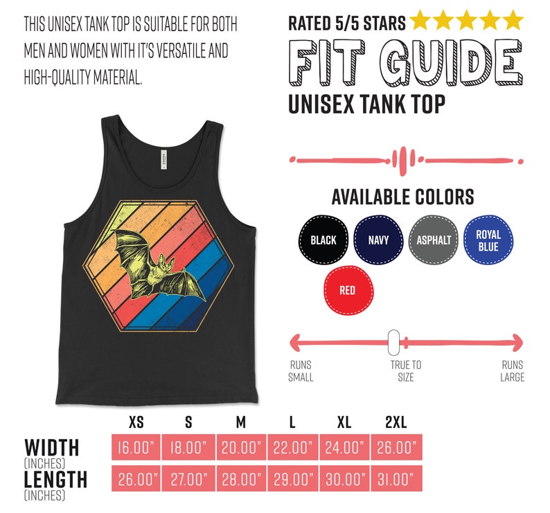 May include: Black unisex tank top featuring a bat illustration inside a retro-style hexagon. The tank top includes the text "FIT GUIDE UNISEX TANK TOP" and is available in various colors. Width measurements range from 16.00" to 26.00", and length measurements range from 26.00" to 31.00".
