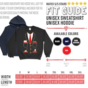 K&ouml;nnte beinhalten: Schwarzes Unisex-Sweatshirt und marineblauer Hoodie. Das schwarze Sweatshirt hat ein Anzugdesign mit roter Krawatte und Taschen. Erh&auml;ltlich in Schwarz, Marine, Dunkelgrau und Rot. Gr&ouml;&szlig;en von S bis 5XL, Breiten von 50.8 cm bis 86.36 cm, L&auml;ngen von 68.58 cm bis 86.36 cm.