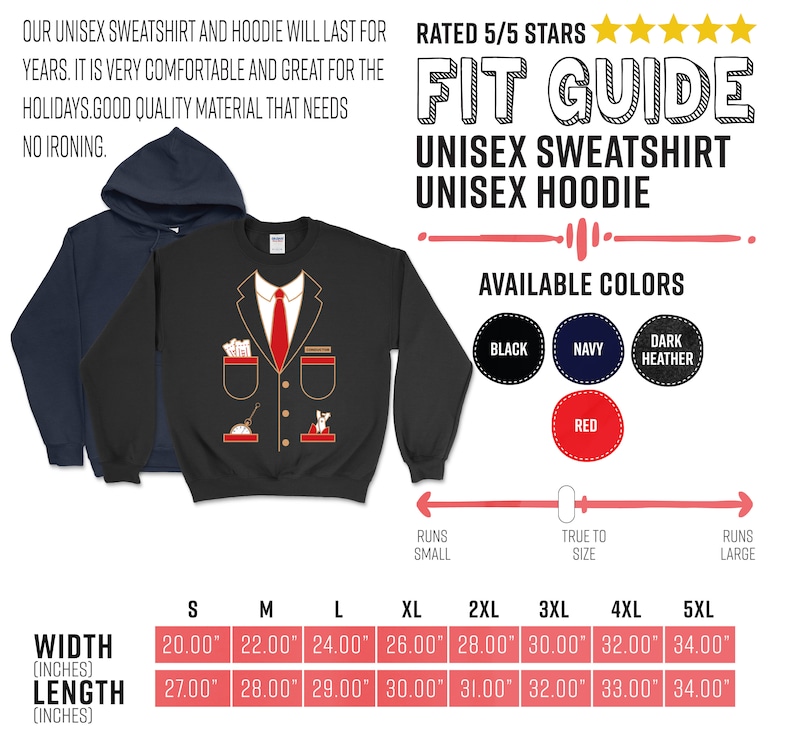 K&ouml;nnte beinhalten: Schwarzes Unisex-Sweatshirt und marineblauer Hoodie. Das schwarze Sweatshirt hat ein Anzugdesign mit roter Krawatte und Taschen. Erh&auml;ltlich in Schwarz, Marine, Dunkelgrau und Rot. Gr&ouml;&szlig;en von S bis 5XL, Breiten von 50.8 cm bis 86.36 cm, L&auml;ngen von 68.58 cm bis 86.36 cm.