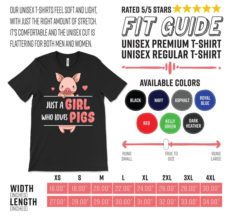 May include: Black unisex t-shirt with a pink pig illustration and the text "Just a girl who loves pigs". The shirt is available in a variety of sizes, from XS to 4XL, and comes in a variety of colors, including black, navy, asphalt, royal blue, red, kelly green, and dark heather.