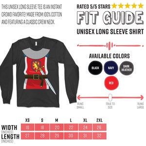 May include: A size chart for a unisex long sleeve shirt. The chart shows the width and length in inches for sizes XS to 2XL. The shirt is available in black, navy, dark heather, and red. The shirt is described as an instant crowd favorite, made from 100% cotton and featuring a classic crew neck.