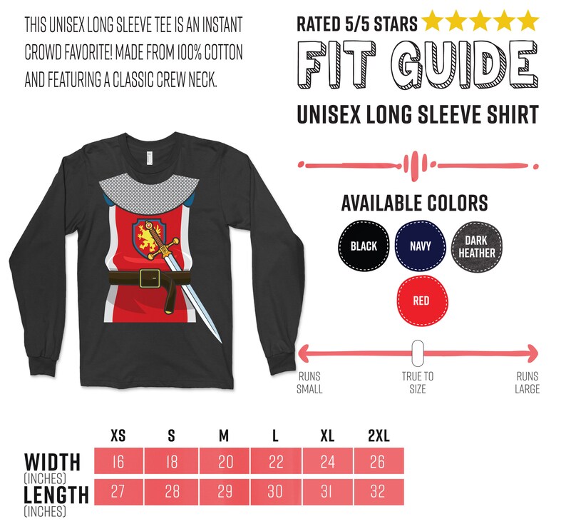 May include: A size chart for a unisex long sleeve shirt. The chart shows the width and length in inches for sizes XS to 2XL. The shirt is available in black, navy, dark heather, and red. The shirt is described as an instant crowd favorite, made from 100% cotton and featuring a classic crew neck.