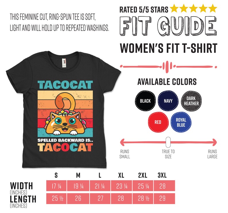 May include: A black t-shirt with a retro-style graphic of a cat eating a taco. The text "TACOCAT" is written above the cat and "SPELLED BACKWARD IS... TACOCAT" is written below the cat. The t-shirt is available in a variety of colors and sizes.