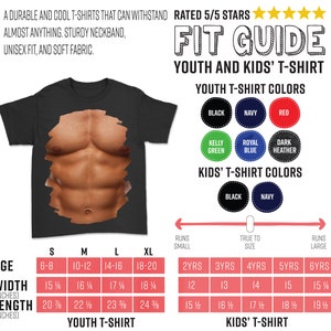 May include: Size chart for youth and kids' t-shirts. The chart shows the age range, width in inches, length in inches, and corresponding sizes for youth and kids' t-shirts. The chart also shows the color options for youth and kids' t-shirts.