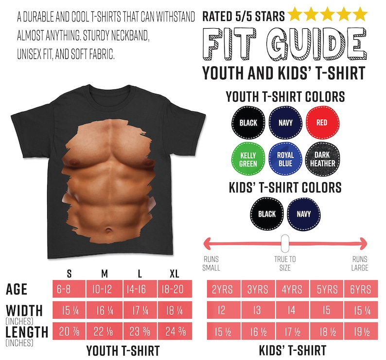 May include: Size chart for youth and kids' t-shirts. The chart shows the age range, width in inches, length in inches, and corresponding sizes for youth and kids' t-shirts. The chart also shows the color options for youth and kids' t-shirts.
