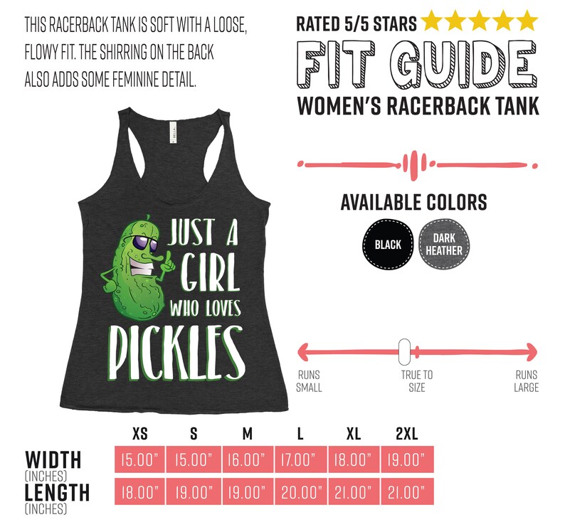 Może przedstawiać: Czarny top na ramiączkach z grafiką zielonego og&oacute;rka i tekstem "Just a girl who loves pickles". Top ma tabelę rozmiar&oacute;w z wymiarami w calach.
