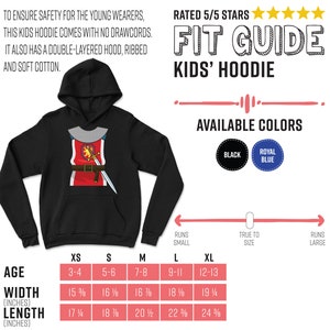 May include: A size chart for a kids' hoodie with a knight design. The chart shows the age range, width and length in inches for sizes XS to XL. The hoodie is available in black and royal blue.