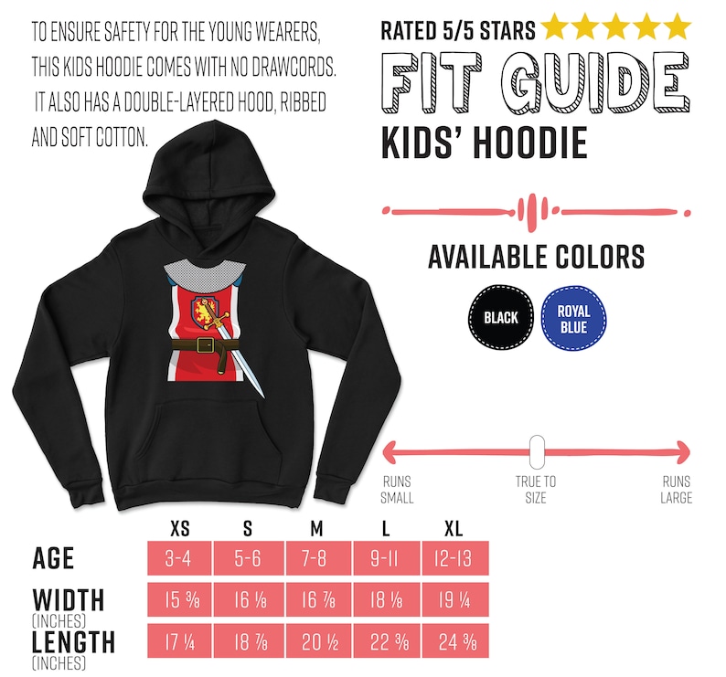 May include: A size chart for a kids' hoodie with a knight design. The chart shows the age range, width and length in inches for sizes XS to XL. The hoodie is available in black and royal blue.