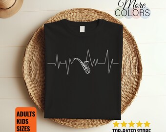 Saxophone Heartbeat T-Shirt Jazz Musician Tee Pulse Line Sax Player Gift Instrument Lover Band Apparel Rhythm Melody Graphic