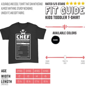 May include: Black toddler t-shirt with a "CHEF" graphic featuring a nutrition facts label with humorous "passion" values. The shirt includes a fit guide and size chart for ages 2-5 years, with width measurements from 30.5 to 38.1 cm and lengths from 39.4 to 47 cm.