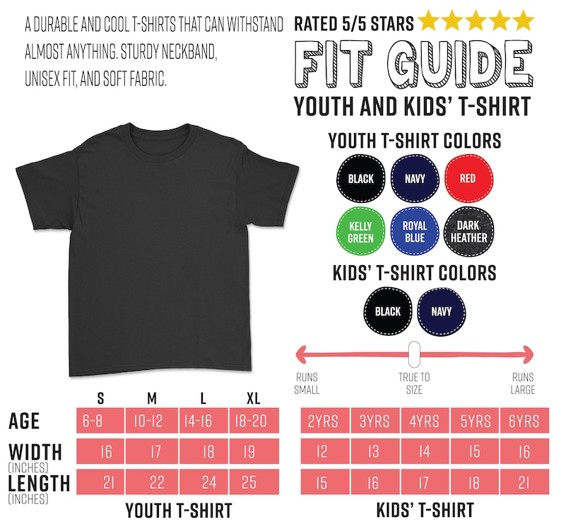 May include: A black youth t-shirt with a fit guide, color options, and size chart. The chart includes measurements in inches for width and length, and age ranges from 6-8 to 18-20 years old. The shirt is described as durable and soft.