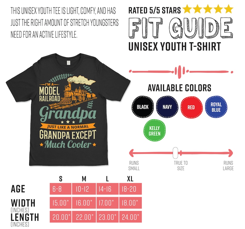 May include: Black youth t-shirt featuring a vintage-style illustration of a train and the text "I'm a Model Railroad Grandpa Just Like a Normal Grandpa Except Much Cooler". The shirt has a size chart with age, width in inches, and length in inches.
