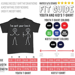 May include: A size chart for youth and kid's t-shirts. The chart shows the age range, width in inches, length in inches, and corresponding sizes for youth and kid's t-shirts. The chart also shows the colour options for the t-shirts, which include black, navy, red, kelly green, royal blue, dark heather, and navy.