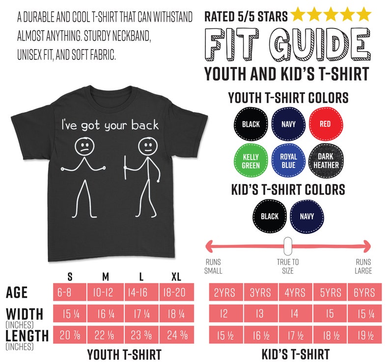 May include: A size chart for youth and kid's t-shirts. The chart shows the age range, width in inches, length in inches, and corresponding sizes for youth and kid's t-shirts. The chart also shows the colour options for the t-shirts, which include black, navy, red, kelly green, royal blue, dark heather, and navy.