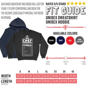 May include: A black unisex sweatshirt with a "CHEF NUTRITION FACTS" graphic, and a navy blue hoodie. The image includes a fit guide, colour options, and size chart with measurements from 50.8 to 81.3 cm wide and 68.6 to 83.8 cm long.