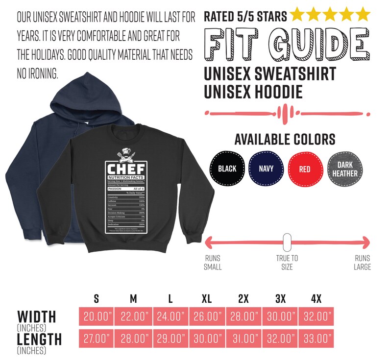 May include: A black unisex sweatshirt with a "CHEF NUTRITION FACTS" graphic, and a navy blue hoodie. The image includes a fit guide, colour options, and size chart with measurements from 50.8 to 81.3 cm wide and 68.6 to 83.8 cm long.