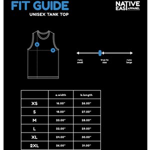 May include: Size chart for a unisex tank top with measurements in inches. The chart shows the width and length of the tank top in sizes XS, S, M, L, XL, and 2XL.