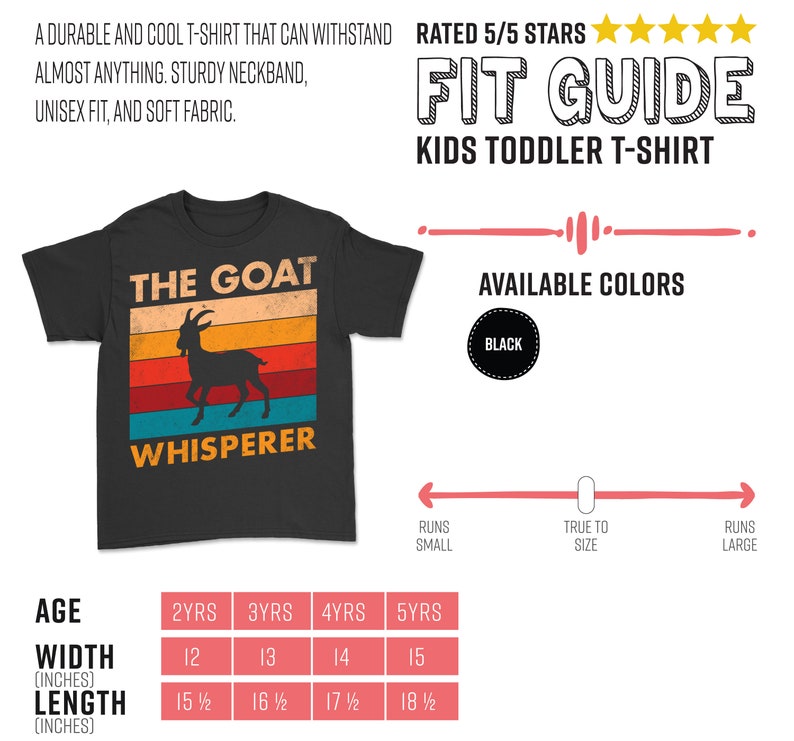 Puede incluir: Camiseta negra para ni&ntilde;os peque&ntilde;os con un dise&ntilde;o retro que presenta una silueta de cabra y el texto "THE GOAT WHISPERER". La camiseta incluye una gu&iacute;a de tallas. Disponible en negro, con tejido suave y unisex.