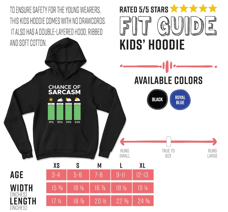 Puede incluir: Sudadera con capucha negra para ni&ntilde;os con un gr&aacute;fico de un diagrama de barras que muestra el porcentaje de sarcasmo. La sudadera tiene una capucha doble y pu&ntilde;os de canal&eacute;. La tabla de tallas muestra las medidas en pulgadas para las edades de 3-4 a 12-13. Los colores disponibles son negro y azul real.