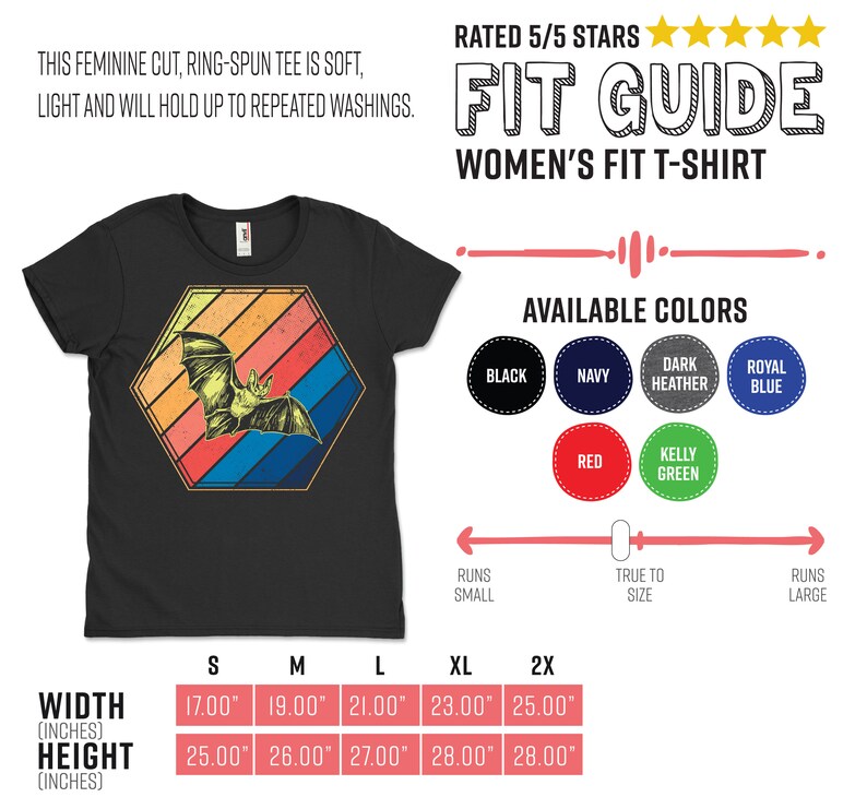May include: Black women's fit t-shirt with a bat graphic inside a retro-style hexagon. The bat is yellow and the hexagon has orange, red, blue, and yellow stripes. Available in sizes S to 2X, with widths from 17.00" to 25.00" and heights from 25.00" to 28.00".