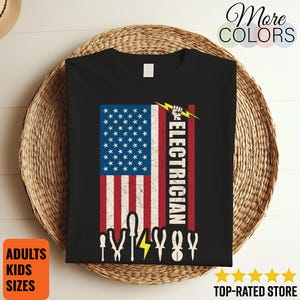 Electrical Proud American Flag Patriotic Electrician Job Electricity Work Lover Gift T-Shirt, Dangerous Symbol, Funny Lineman Shirts Present