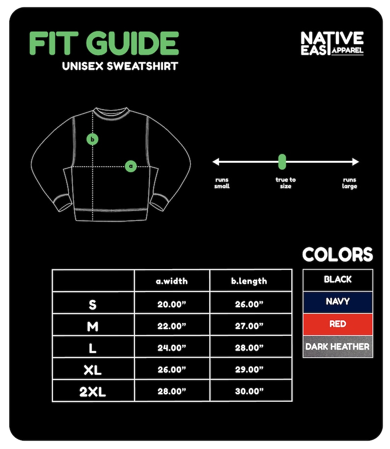 Puede incluir: Fondo negro con un gr&aacute;fico blanco de una sudadera unisex y una gu&iacute;a de tallas. La gu&iacute;a incluye medidas en pulgadas para el ancho y la longitud, y opciones de color: negro, azul marino, rojo y gris oscuro.