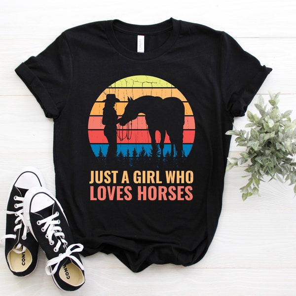 Western Just A Girl Who Loves Horses Horse Riding Rodeo Country Vintage Gifts T-Shirt, Horse Rider Birthday Present, Cowgirls Costume, Girls