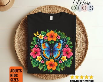 Tropical Butterfly T-Shirt, Blue Wings Hibiscus Flowers Graphic, Botanical Nature Lover Gift, Colorful Garden Design, Summer Vacation Outfit