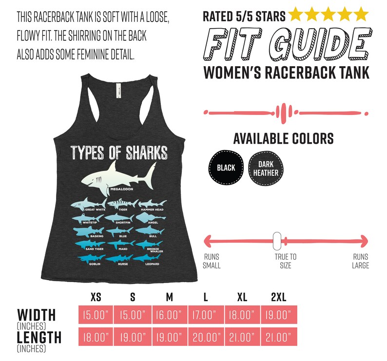 Pu&ograve; includere: Canotta racerback grigio scuro con grafica di varie specie di squali, tra cui un Megalodonte, e la scritta "TYPES OF SHARKS". Disponibile in nero e grigio scuro. Taglie dalla XS alla 2XL, misure in pollici.