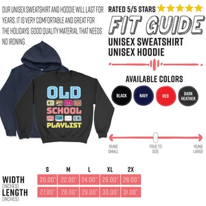 May include: Black sweatshirt with the text "OLD SCHOOL PLAYLIST" and cassette tape graphics. A navy blue hoodie is to the left. Available colors are black, navy, red, and dark heather. Sizes range from S to 2X.