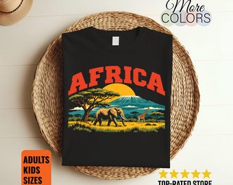 Africa Landscape T-Shirt, Safari Elephant Giraffe Graphic, Savanna Sunset Tee, Wildlife Fan Gift, Mountain Adventure, Nature Travel Vacation