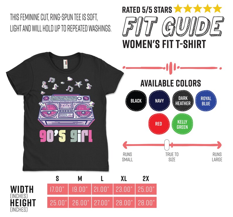 May include: Black Women's Fit T-shirt with a colorful 90's girl graphic. The design features a boombox and musical notes. Available in multiple colors. Width measurements range from 17.00 to 25.00 inches, height from 25.00 to 28.00 inches.