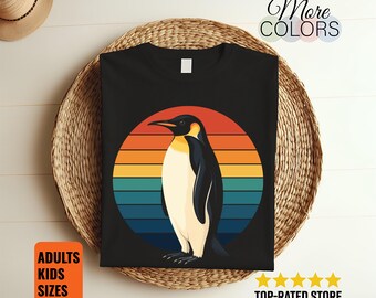 Retro Penguin Shirt, Colorful Sunset Bird Graphic Tee, Wildlife Lover Gifts, Vintage Style Animal Art, Aquarium Visit Nature Birthday Outfit