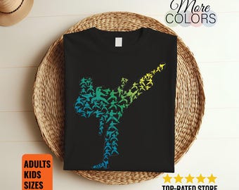 Karate Silhouette Shirt, Colorful Martial Arts Tee, High Kick Collage Graphic, Black Belt Student Gift, Dojo Instructor Birthday, Sports Art