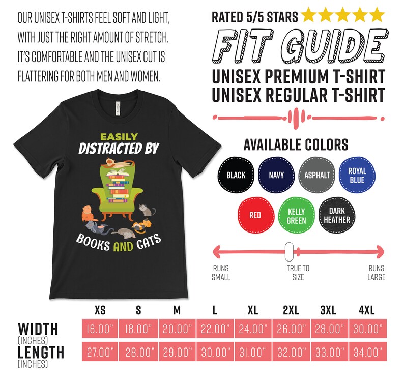 May include: Black unisex t-shirt with a graphic of a cat reading a book in a chair surrounded by other cats. The text reads "Easily Distracted By Books and Cats". The shirt is available in sizes XS to 4XL and in a variety of colors.