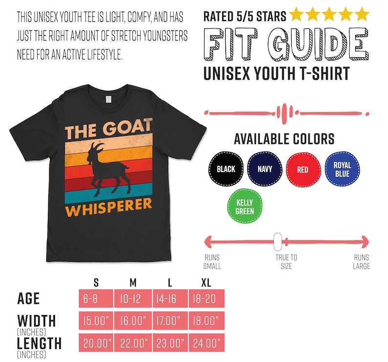 Puede incluir: Camiseta negra unisex para j&oacute;venes con el texto "THE GOAT WHISPERER" y una silueta de cabra sobre un dise&ntilde;o retro de puesta de sol. Disponible en negro, azul marino, rojo, azul real y verde Kelly. Tallas S-XL.