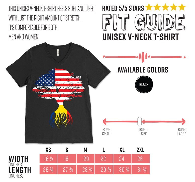 K&ouml;nnte beinhalten: Schwarzes Unisex-V-Neck-T-Shirt mit einem Baumdesign, das die amerikanische Flagge auf den &Auml;sten und die rum&auml;nische Flagge auf den Wurzeln zeigt. Das Shirt ist in den Gr&ouml;&szlig;en XS bis 2XL erh&auml;ltlich. Die Gr&ouml;&szlig;entabelle zeigt die Breite und L&auml;nge in Zoll.
