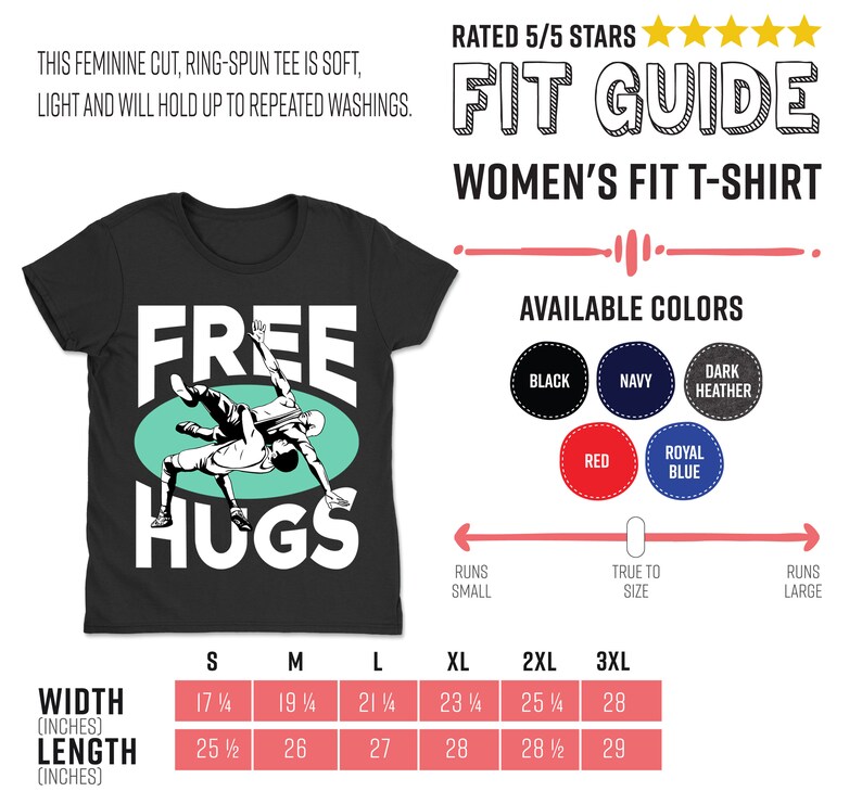 May include: Black women's fit t-shirt with a green circle and white text that says "Free Hugs". The graphic inside the circle shows two people wrestling. The size chart shows the width and length in inches for sizes S through 3XL.