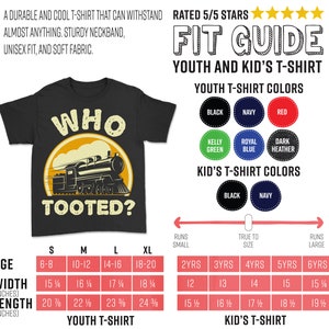 Może przedstawiać: Czarny T-shirt z ż&oacute;łtym słońcem i kresk&oacute;wkowym pociągiem z nadrukiem "Who Tooted?" Dostępny w rozmiarach S, M, L i XL. W zestawie tabela rozmiar&oacute;w dla młodzieży i dzieci w calach.