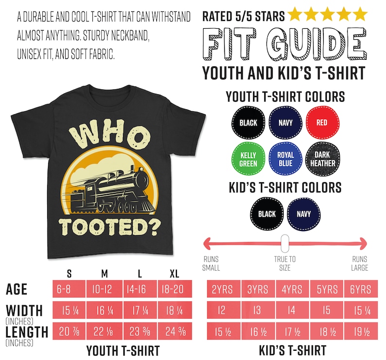 Może przedstawiać: Czarny T-shirt z ż&oacute;łtym słońcem i kresk&oacute;wkowym pociągiem z nadrukiem "Who Tooted?" Dostępny w rozmiarach S, M, L i XL. W zestawie tabela rozmiar&oacute;w dla młodzieży i dzieci w calach.