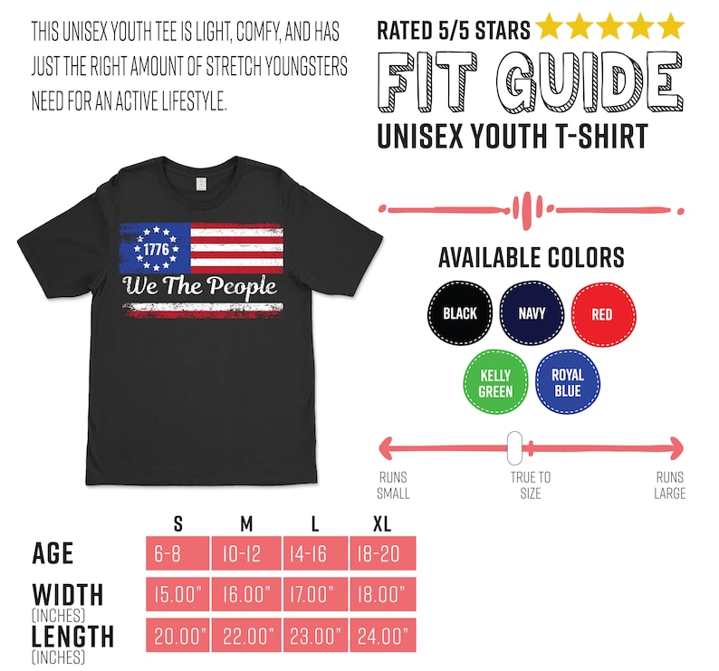 Może przedstawiać: Czarny, unisexowy t-shirt dla młodzieży z nadrukiem amerykańskiej flagi w stylu vintage i napisem "We The People". Dostępny w wielu kolorach. Szerokości od 38.1cm do 45.7cm i długości od 50.8cm do 61cm.