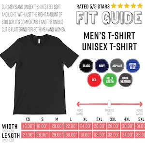 May include: A black unisex t-shirt with a crew neck. The image includes a fit guide with size measurements in inches and color options: black, navy, asphalt, royal blue, red, kelly green, and dark heather. The text reads "Men's T-Shirt, Unisex T-Shirt."