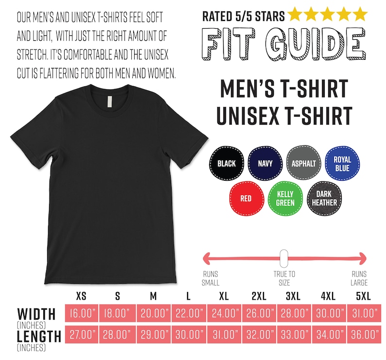 May include: A black unisex t-shirt with a crew neck. The image includes a fit guide with size measurements in inches and color options: black, navy, asphalt, royal blue, red, kelly green, and dark heather. The text reads "Men's T-Shirt, Unisex T-Shirt."
