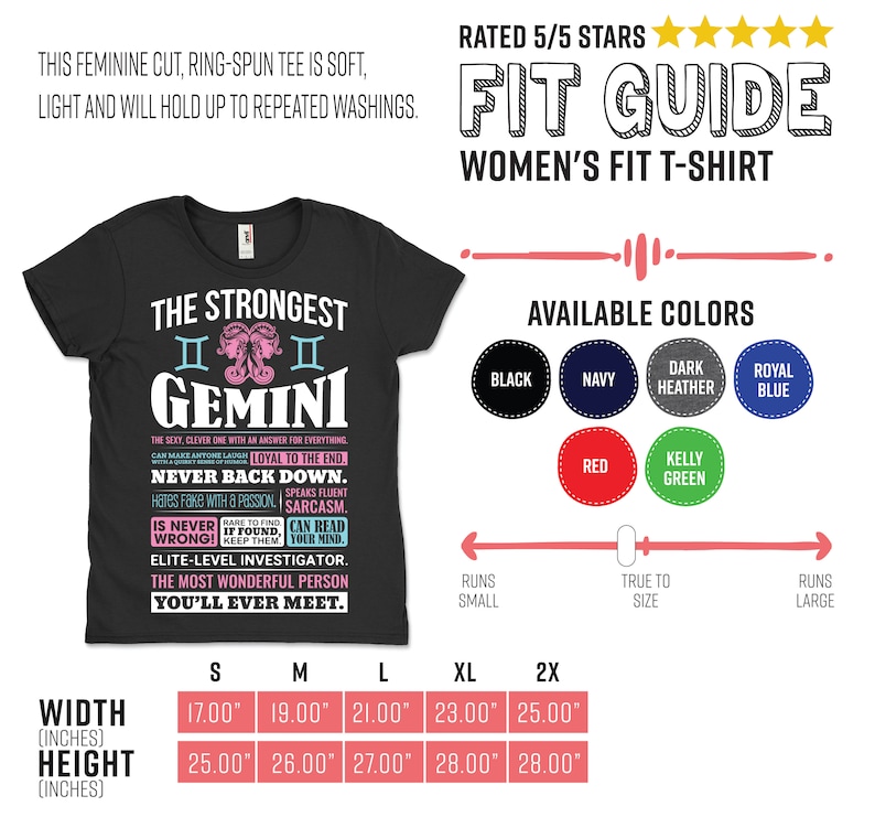 May include: Black t-shirt with a white graphic design featuring the text "The Strongest Gemini" and a zodiac symbol. The graphic includes a list of personality traits associated with the Gemini zodiac sign. The t-shirt is available in a variety of colors and sizes.