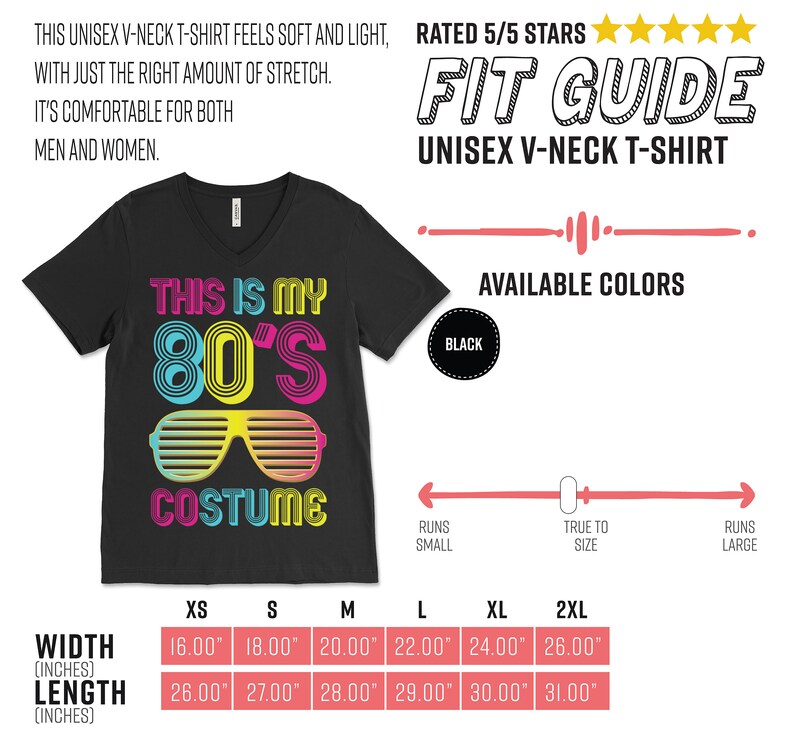 K&ouml;nnte beinhalten: Schwarzes Unisex-V-Neck-T-Shirt mit dem Text "This is my 80's Costume" in bunter Retro-Schrift und einer Sonnenbrillengrafik. Die Gr&ouml;&szlig;entabelle zeigt die Breite und L&auml;nge in Zoll f&uuml;r die Gr&ouml;&szlig;en XS bis 2XL.
