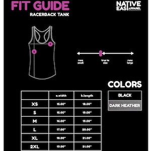 Puede incluir: Gr&aacute;fico negro que muestra una gu&iacute;a de tallas para camisetas sin mangas de espalda nadadora. Las medidas est&aacute;n en pulgadas. La gu&iacute;a incluye tallas XS a 2XL, con dimensiones de ancho y largo. El texto "FIT GUIDE RACERBACK TANK" est&aacute; en la parte superior.